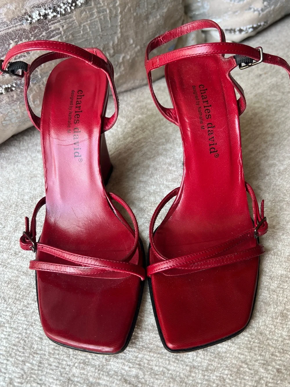 VTG Charles David designed by Nathalie M Dark Red Leather Wedge Sandals 7B Spain